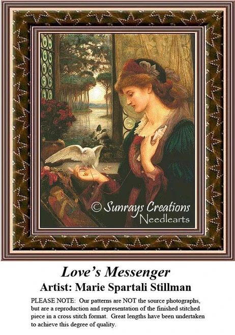 A woman sits by a sunlit window, absorbed in her stitching, as a dove approaches her, preserved as a counted cross stitch pattern.