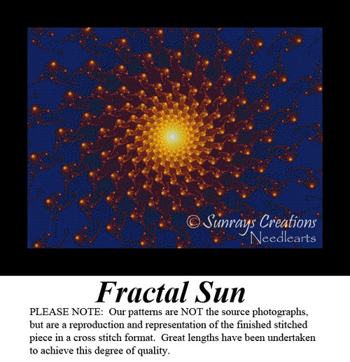 A vibrant sun with rays of light, crafted in a fractal design, radiates against a deep blue background in this printable pattern.