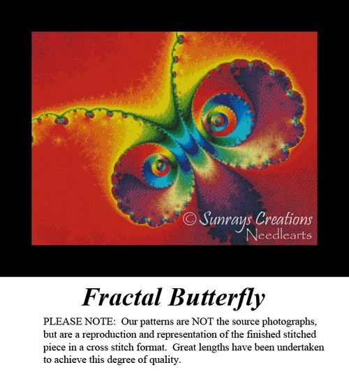 A colorful fractal butterfly with large wings and eye-like markings, designed as a cross stitch project, rests against a vibrant red background.