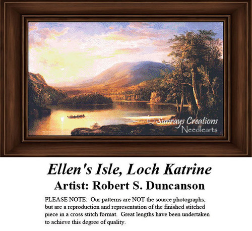 A serene landscape of Loch Katrine at sunset with soft hills and trees, designed as a cross stitch pattern by Robert S. Duncanson.