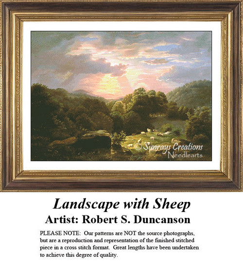 A serene landscape with sheep grazing under a sunset sky, offered as a counted cross stitch pattern by artist Robert S. Duncanson.