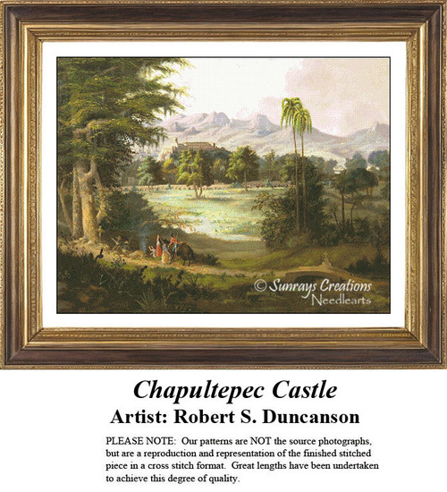 A landscape of Chapultepec Castle, surrounded by trees and hills, designed as an xstitch pattern by Robert S. Duncanson in the Hudson River style.
