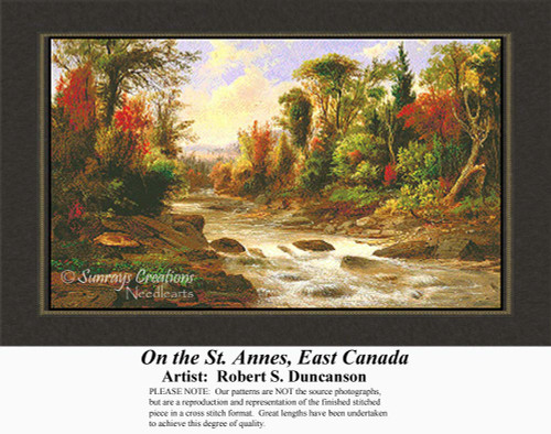 A lush landscape with a fast-moving river and colorful vegetation, preserved as a counted cross stitch pattern by Robert S. Duncanson.