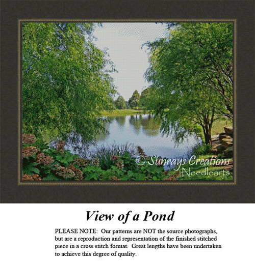A picturesque pond surrounded by lush trees and greenery, designed as a digital pattern for cross stitch with DMC floss on aida cloth.