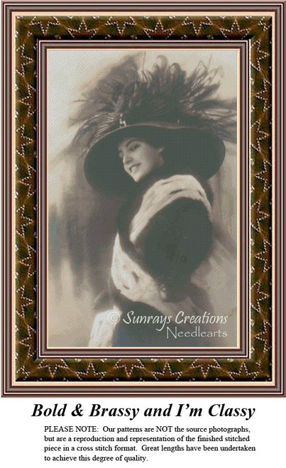 A confident woman in a black feathered hat and ermine coat poses, hand on hip, in this charming sepia cross stitch kit.