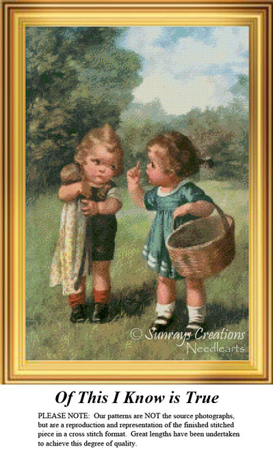 Two children stand together in a garden, with the girl expressing her thoughts earnestly. This charming scene is available as a cross stitch chart.