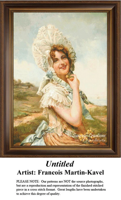A joyful young woman in a ruffled white bonnet stands before a coastline, available as a counted cross stitch pattern by Francois Martin-Kavel.