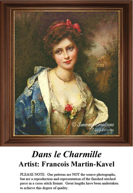 An elegant woman in a blue and gold gown stands in a garden arbor, captured as a counted cross stitch pattern by artist Francois Martin-Kavel.