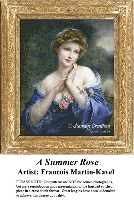 A young woman with a thoughtful expression sits with her hands clasped at her chin, perfect for your next cross stitch project.