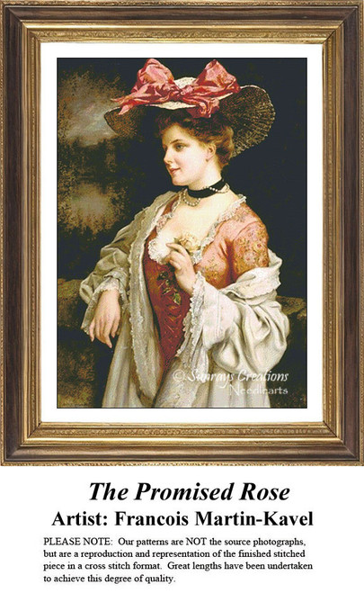 An elegant woman in profile wears a wide-brimmed straw hat with a crimson bow, preserved as a counted cross stitch pattern.
