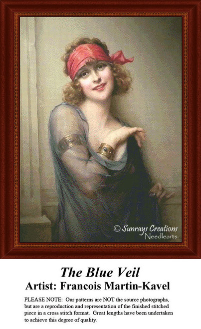 A woman with curls adorned by a red headband smiles while draped in a translucent blue garment, captured as a counted cross stitch pattern.