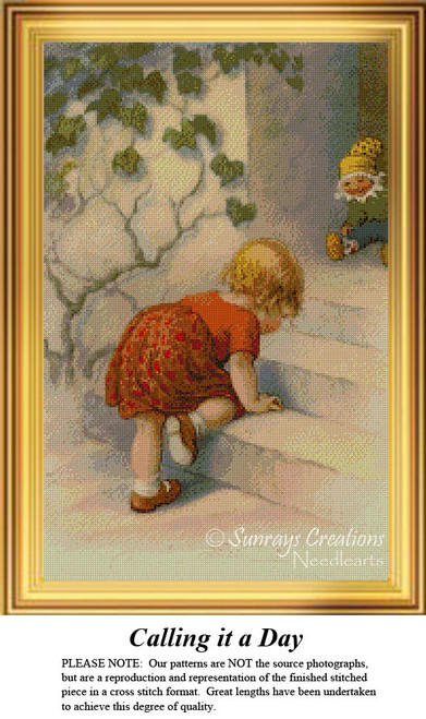 A chubby girl in a red romper climbs steps, her cheeks flushed from play. Her doll waits by the door, perfect for a BAP cross stitch project.
