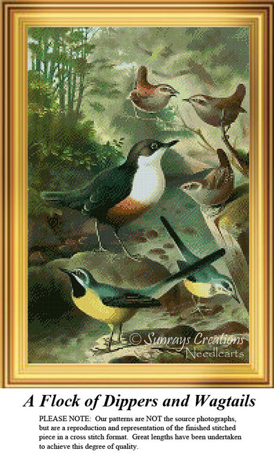A group of dippers and wagtails interact in a lush wilderness setting, designed as a cross stitch kit with solid colors on aida cloth.