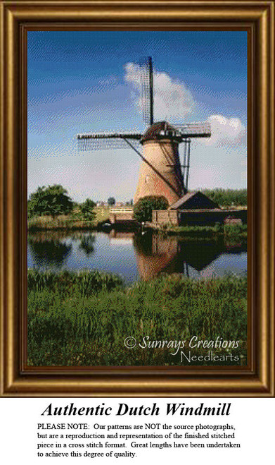 A classic windmill stands in the distance, surrounded by trees and a reflective waterway, showcased as a cross stitch design from Sunrays Creations.