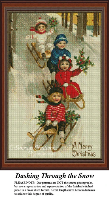 Four children smile joyfully as they slide down a snowy hill on sleds, brought to life as a counted cross stitch pattern.