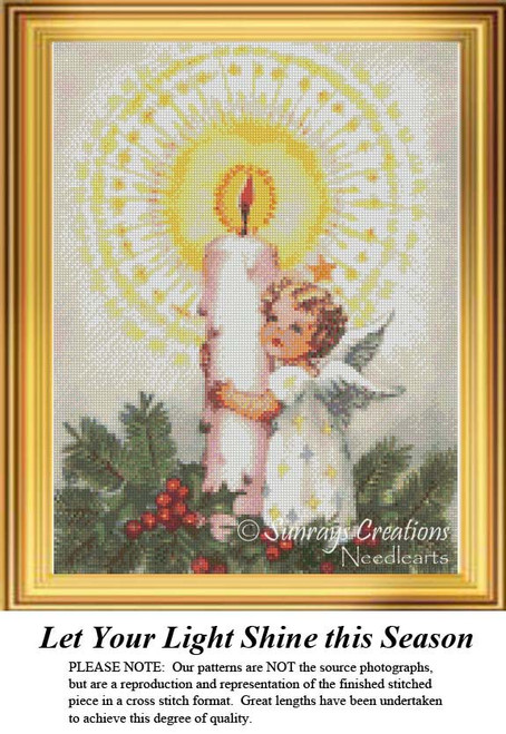 A little angel hugs a tall candle, surrounded by greenery and berries, in the Let Your Light Shine This Season PDF pattern for cross stitch.