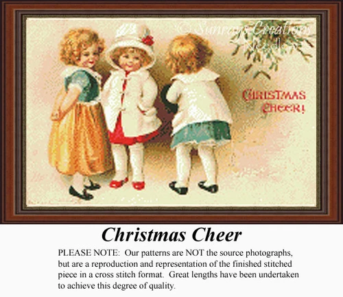 Three children in charming outfits wish each other Merry Christmas in this cross stitch pattern titled "Christmas Cheer," available as a digital file.