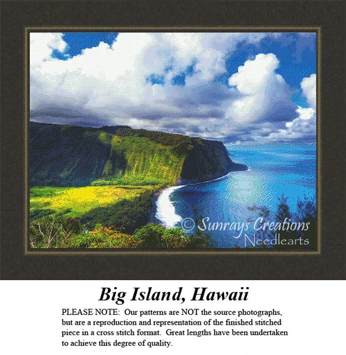 A lush green landscape meets the ocean under a cloudy sky, preserved as a counted cross stitch pattern.