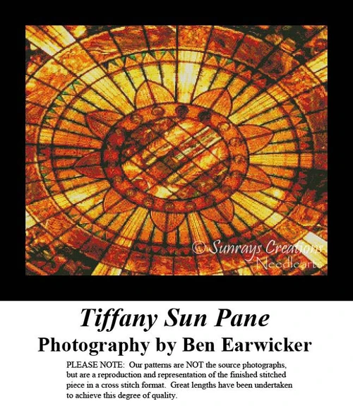 A dazzling sun radiates through golden rays in Tiffany glass, designed as a xstitch design by artist Ben Earwicker.