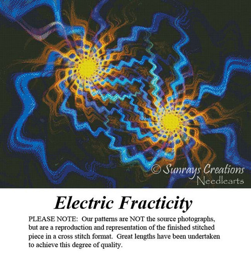 This PDF chart features a fractal design with yellow cores emitting rays of light in jagged blue and orange patterns, resembling electric currents.