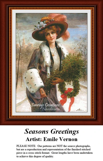 A detailed counted cross-stitch pattern preview of Émile Vernon's painting, "Season's Greetings." The Belle Époque French portrait design features a young woman wrapped in winter furs, capturing seasonal grace with warm rosy tones and soft winter light.