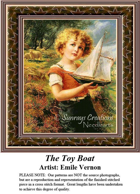 A young child with curly hair holds a toy sailboat, set against a serene outdoor background, part of a counted cross stitch kit by Emile Vernon.