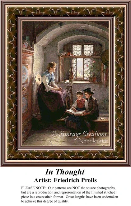 A woman reads with two children in a cozy room, surrounded by rustic decor, as captured in this counted cross stitch design by Friedrich Polls.