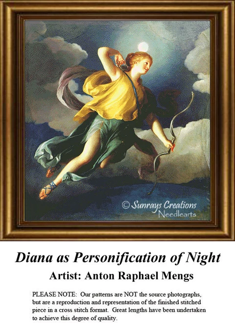 A woman in flowing golden robes descends through a moonlit sky, translated into a counted cross stitch design by Anton Raphael Mengs.