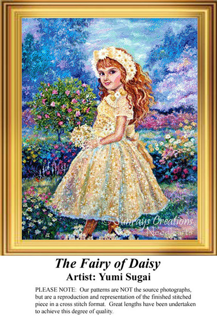 A girl in a yellow dress stands in a vibrant flower garden, holding delicate daisies, designed as a cross stitch chart by artist Yumi Sugai.