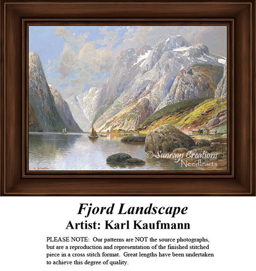 A scenic fjord with rugged mountains and colorful houses along the water, designed as a large cross stitch pattern by artist Karl Kaufmann.