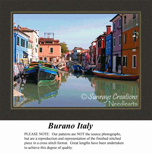 Colorful homes line a canal in Burano, Italy, with gondolas docked along the waterway in this counted cross stitch pattern.