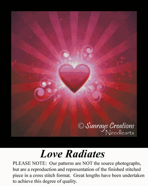 A vibrant heart surrounded by rays, bubbles, and swirls, designed as a xstitch chart for Valentine's Day using DMC floss on aida cloth.