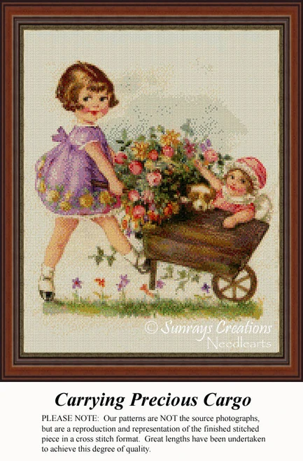 A girl pushes her younger sister in a cart filled with flowers and their puppy, depicted in a cheerful PDF pattern design for cross stitching.