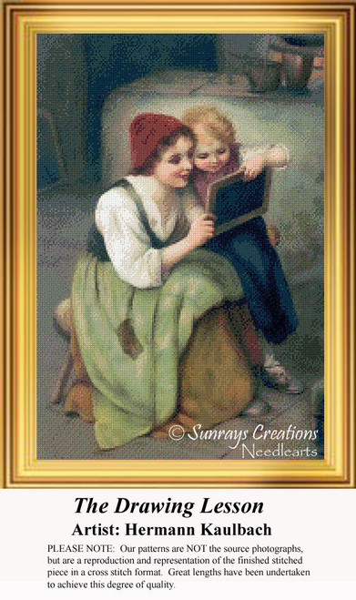 A woman and child share a moment as they draw together, arranged as a counted cross stitch design by Hermann Kaulbach.