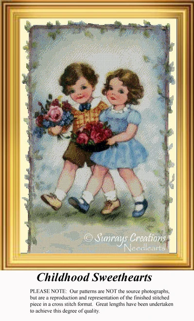 A young girl in a blue dress and a boy in a brown outfit hold bouquets of flowers, as seen in this downloadable pattern by Sunrays Creations.