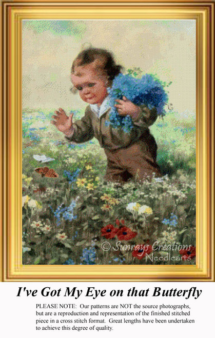 A little boy happily running through a meadow, carrying blue wildflowers and watching a butterfly, all perfect for a cross stitch project.