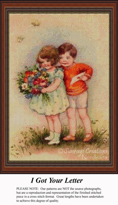 A boy in a red shirt smiles at a girl in a green dress holding a bouquet of flowers, both enjoying a sweet moment together in this BAP cross stitch.