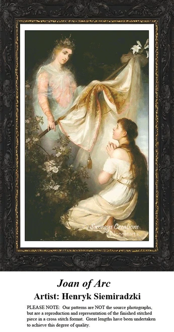A detailed counted cross-stitch pattern preview of Henryk Siemiradzki's Academic history painting, "Joan of Arc." The spiritual design depicts the young saint kneeling reverently in prayer before a glowing, winged heavenly angel illuminated by soft, divine light.
