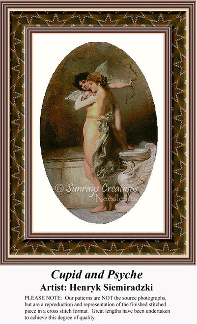 A couple embracing, surrounded by cherubs and draped in flowing garments, illustrated in this xstitch pattern by Henryk Siemiradzki.