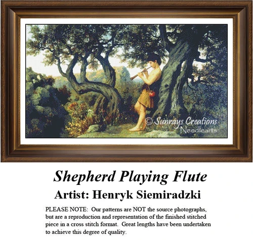 A detailed counted cross-stitch pattern preview of Henryk Siemiradzki's Academic painting, "Shepherd Playing Flute." The idyllic pastoral design showcases a young shepherd sitting outdoors among lush green trees playing a wooden flute bathed in soft, warm sunlight.