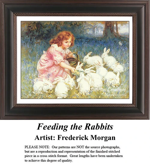 A girl with curly hair wearing a pink dress feeds a group of white rabbits in a lush garden, designed as a digital pattern by Frederick Morgan.