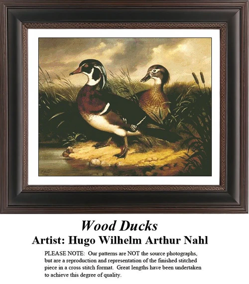 A pair of wood ducks stand among reeds beside a pond, composed as a counted cross stitch pattern by artist Hugo Wilhelm Arthur Nahl.