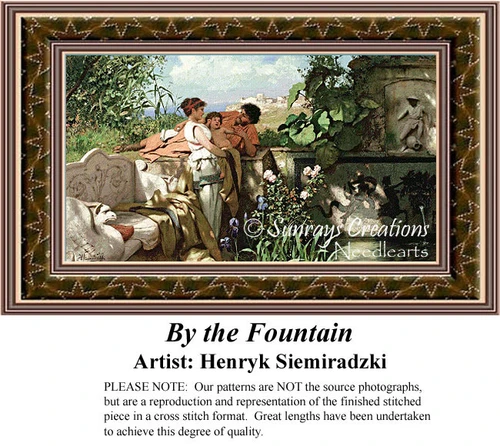 A family by a fountain in a lush garden, designed as a large cross stitch pattern by artist Henryk Siemiradzki in the late 19th century.