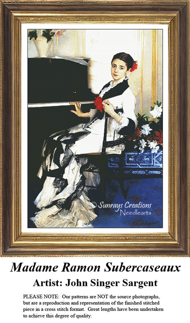 A detailed counted cross-stitch pattern preview of John Singer Sargent's Gilded Age portrait, "Madame Ramon Subercaseaux." The elegant design showcases a young woman in a delicate white dress seated beside a dark grand piano, illuminated by soft interior light against a neutral background.