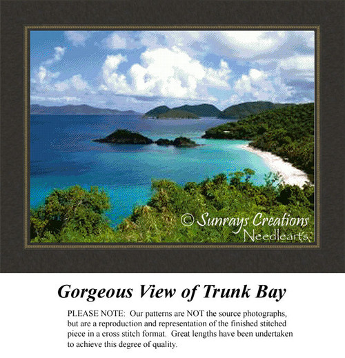 A serene waterscape of Trunk Bay with teal waters, white sandy beaches, and lush green foliage, designed as an xstitch pattern.