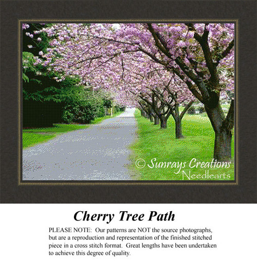 A tree-lined path adorned with vibrant pink cherry blossoms and lush greenery, offered as an xstitch chart by Sunrays Creations.