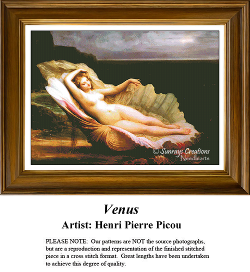 A reclining woman lies against soft drapery, framed as a counted cross stitch chart, inspired by Henri Pierre Picou's classic art.