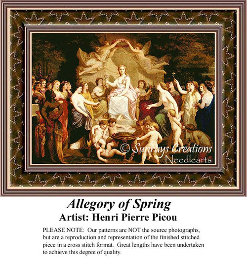 A seated woman crowned by cherubs in a lush spring garden, designed as a large counted cross stitch pattern by Henri Pierre Picou.