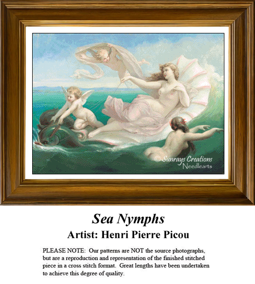 A serene scene of sea nymphs resting on waves, surrounded by cherubs, designed as a cross stitch project by Henri Pierre Picou.