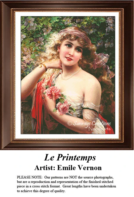 A detailed counted cross-stitch pattern preview of Émile Vernon's painting, "Le Printemps." The Belle Époque French portrait design depicts a young woman adorned with spring flowers in a sunlit garden, capturing vernal vitality.